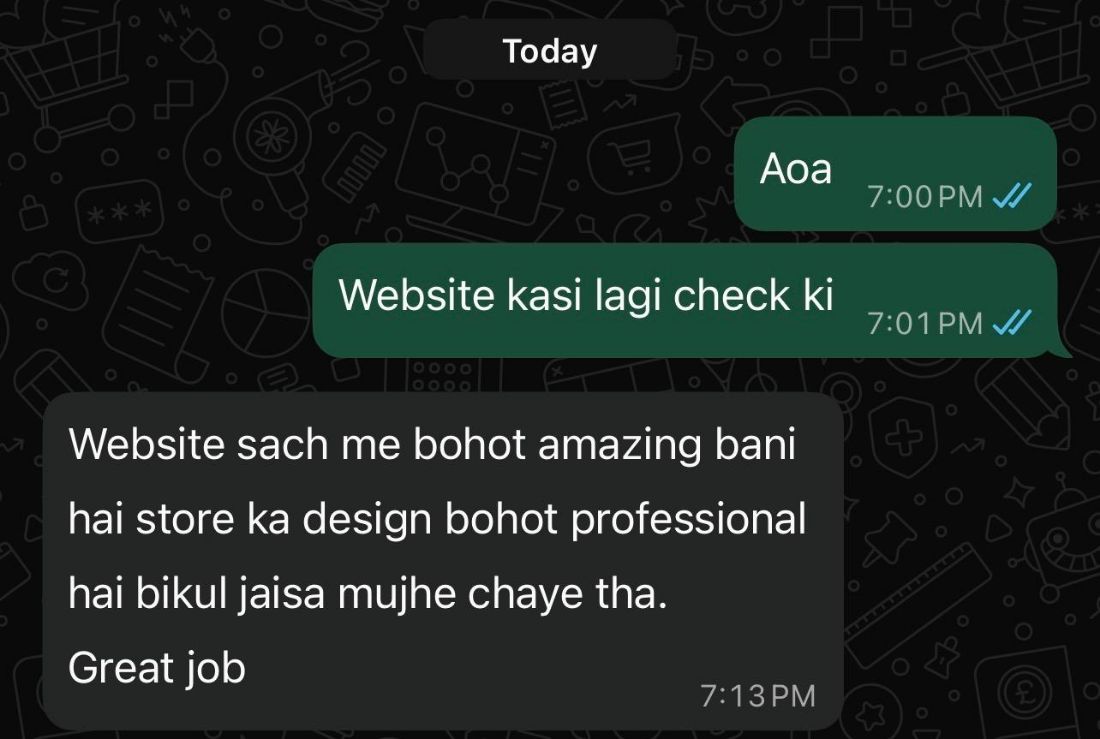 WhatsApp chat in Roman Urdu where a client says the website turned out amazing and the store design is very professional