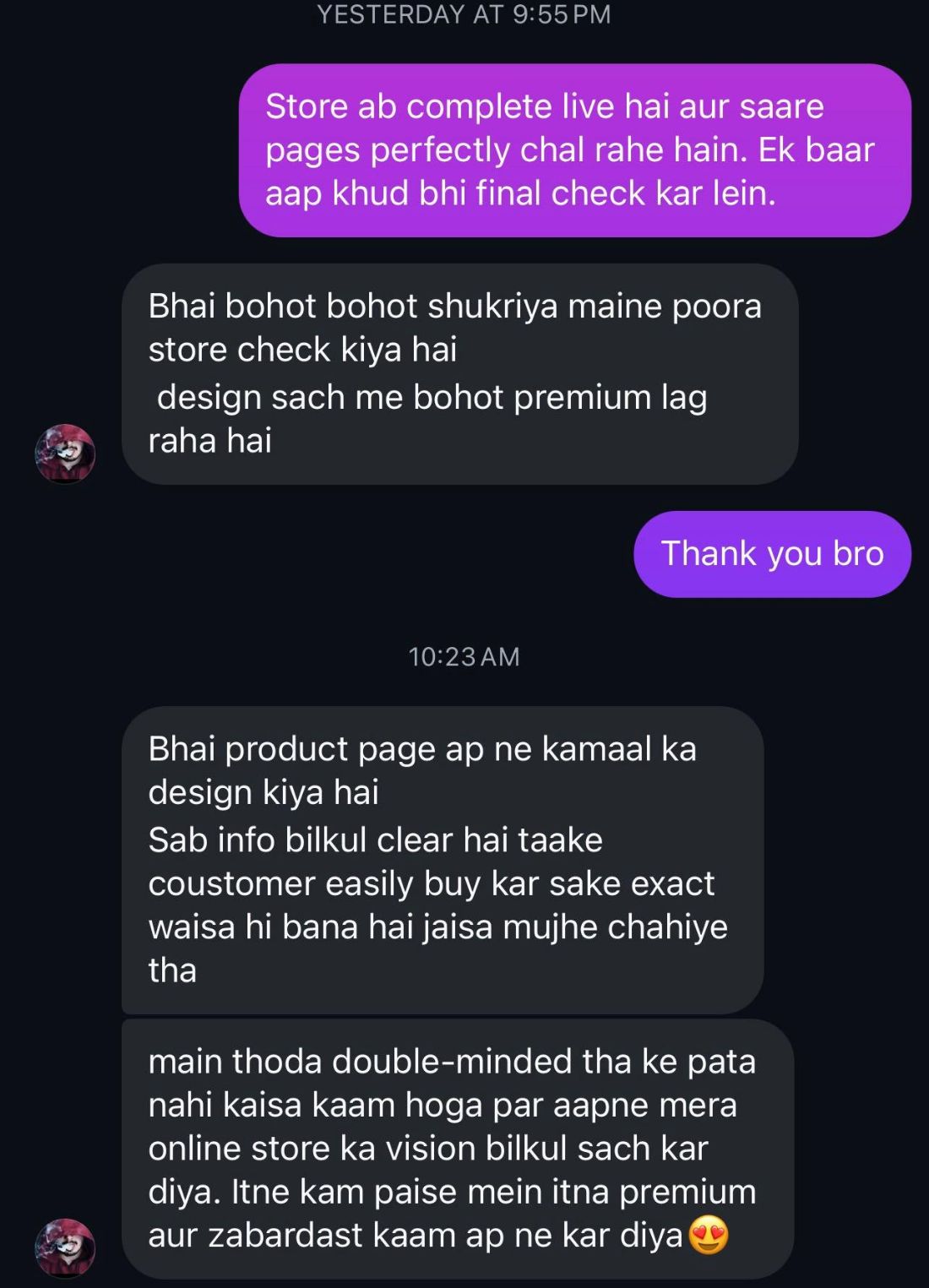 Instagram chat in Roman Urdu where a client says the store design looks premium and the product page makes it easy for customers to buy