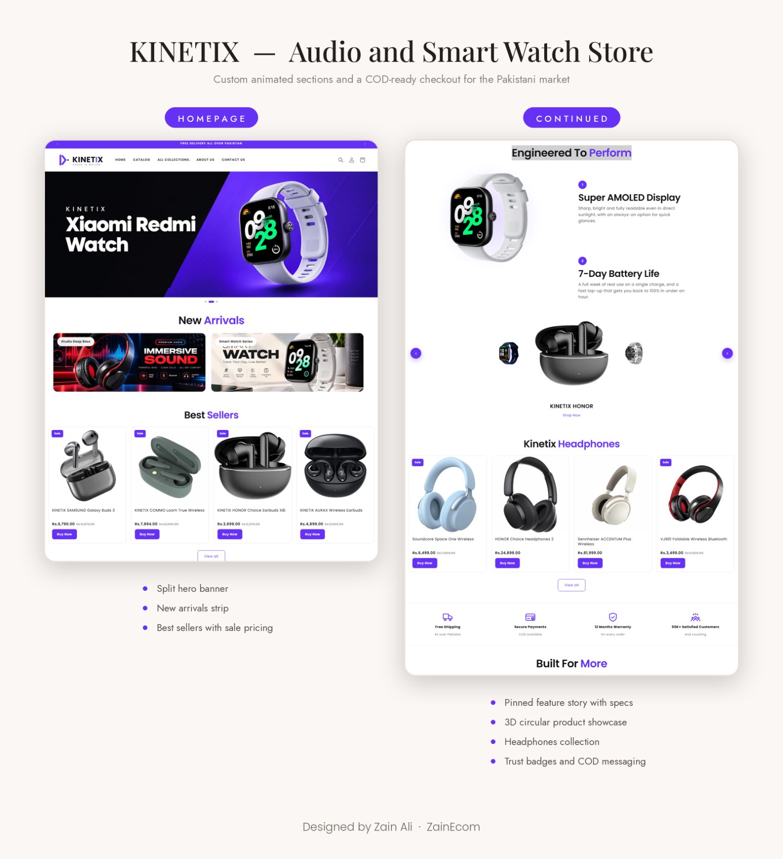 Kinetix presentation board showing the homepage and product sections of the audio and smart watch Shopify store
